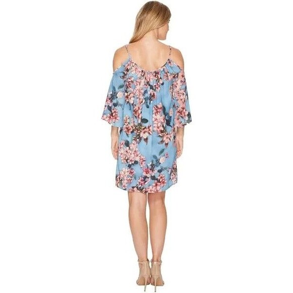 Women's KAREN KANE Blue Floral Fresco Cold Shoulder Viscose Dress Medium - Picture 2 of 7